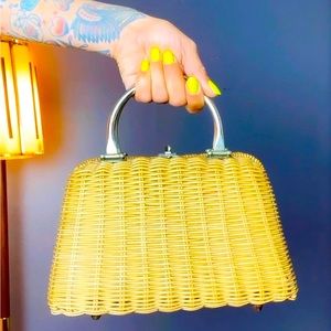 WICKER BASKETWEAVE 1950’s 50s Vintage 1960’s 60s Tan & Silver Handbag Purse Bag